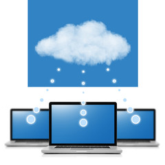 Cloud computing network concept. Notebooks linked with cloud iso