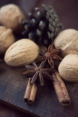 Anise seeds, cinnamon and walnuts on a rustic cutting board