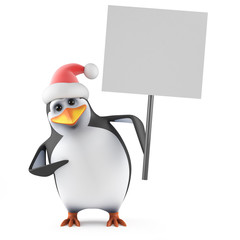 Santa Penguin holds a placard