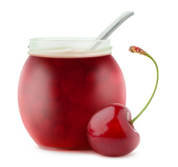Isolated fruit jam. Open glass jar with cherry jam isolated on white background