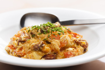 meal called leco (mixture of vegetables and eggs with sausage)