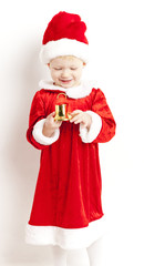 little girl as Santa Claus with a bell