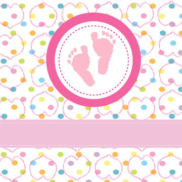 Baby girl greeting card & footprints vector