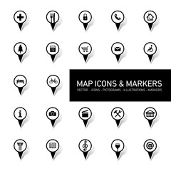 vector map icons and markers on white background