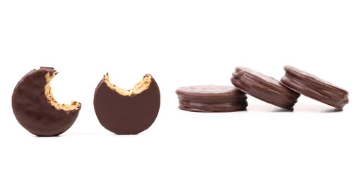 Bitten biscuit sandwich with chocolate.