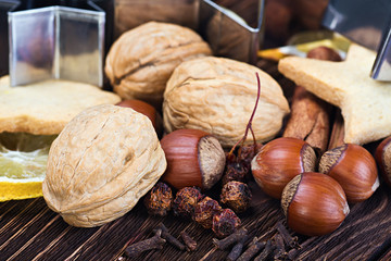 Christmas spices, nuts and fruits