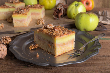 apple strudel with vanilla pudding and nuts