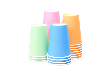 stack of colorful recycling paper glass on white background