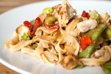 close-up of plate of pasta and chicken