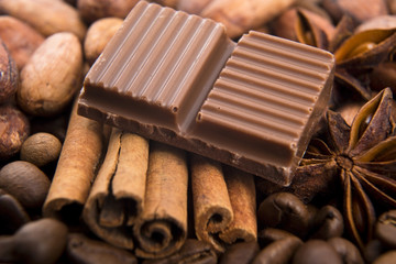 chocolate with coffee beans, spices and cacao