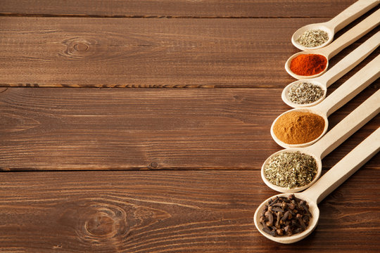 Spice assortment on a wooden table