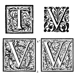 Initials - Ornamental Capitals - from an antique bible - T, V, W