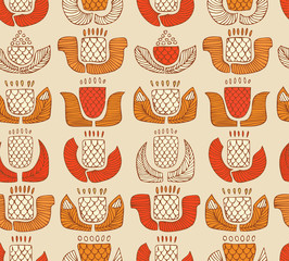 Ethnic pattern with decorative flowers, buds and leaves