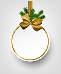 White paper gift card with golden satin bows.