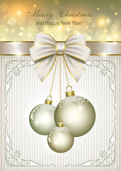 Christmas card with balls and elegantly decorated with a bow