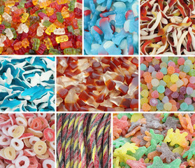 assorted gummy candies collage