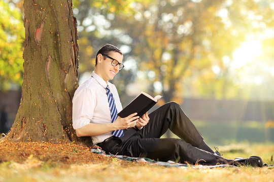 Young Man Sitting And Reading A Book In Park On A Sunny Day