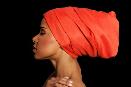 Attractive Woman's Profile In Turban. Closed Eyes.