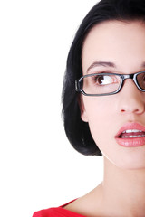 Female's face with eyeglasses. Cut out.