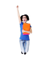 Attractive woman with files jumping. Showing fists, OK.