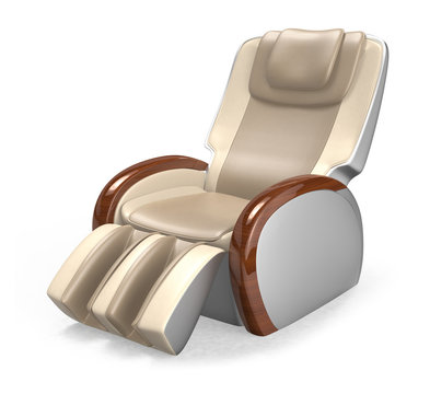 Beige comfortable massage chair with wood armrest