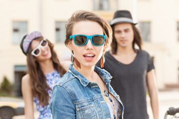 beautiful young people on city background