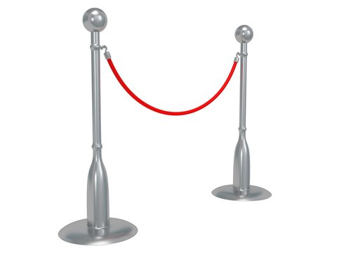 Silver rope barrier over white