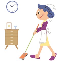 フローリングを掃除をしている、おばあちゃん