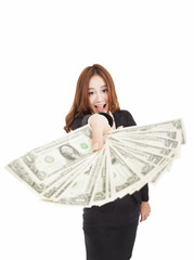happy businesswoman showing the money