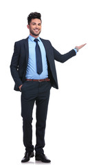 full body picture of a happy business man presenting