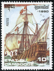 stamp printed in Cambodia shows image of a antique sailing ship