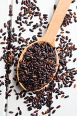 black rice on wooden spoon