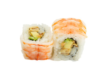Shrimp sushi roll isolated on white background