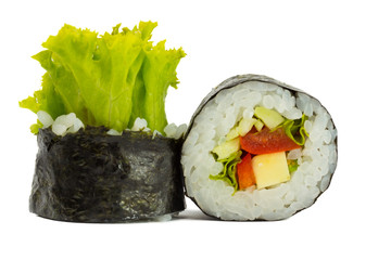 sushi roll in nori with vegetables isolated on white background