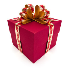 Red gift box with golden ribbon and bow.