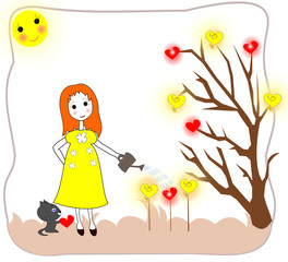 Girl watering the seedlings with a watering can , a postcard