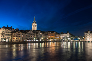 Zurich Skyline and the River Limmat in the Evening  Switzerland
