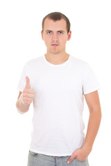 young man in white  t-shirt thumbs up isolated on white