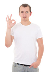 young man showing okay sign isolated on white background