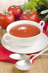 tomato soup in a white bowl