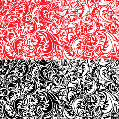 Set of swirl ornamental seamless patterns in white, red and blac