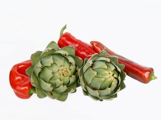 red peppers and green sprouts of artichoke