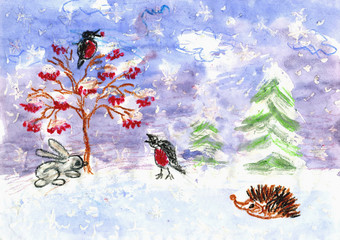 Winter. Children's drawing (water color, wax pieces of chalk)