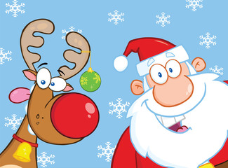 Happy Reindeer And Santa Claus