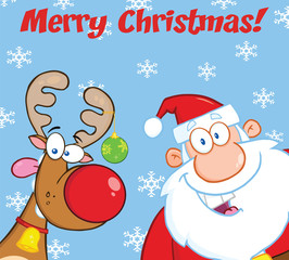 Merry Christmas Greeting With Reindeer And Santa Claus