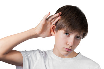 Boy hearing something isolated on white
