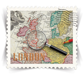 Label for London tourist products ads stylized as post stamp