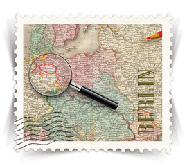 Label for Berlin tourist products ads stylized as post stamp