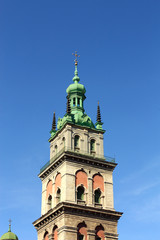 Fototapeta na wymiar Catholic belfry in the old Lvov