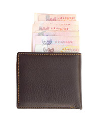 wallet and bank notes on white background